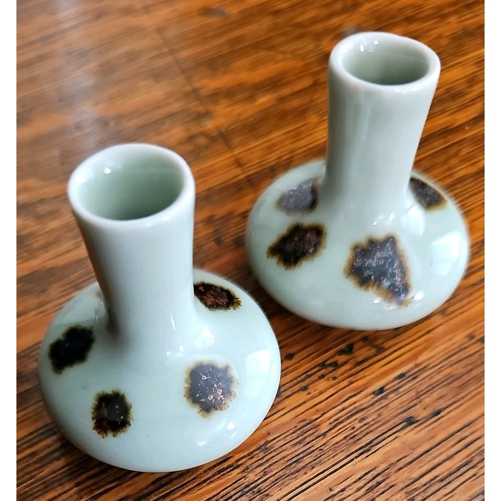 Set of 2 Small Art Pottery Fluted Bud Vases 3in Green Blue Brown Spotted Ceramic